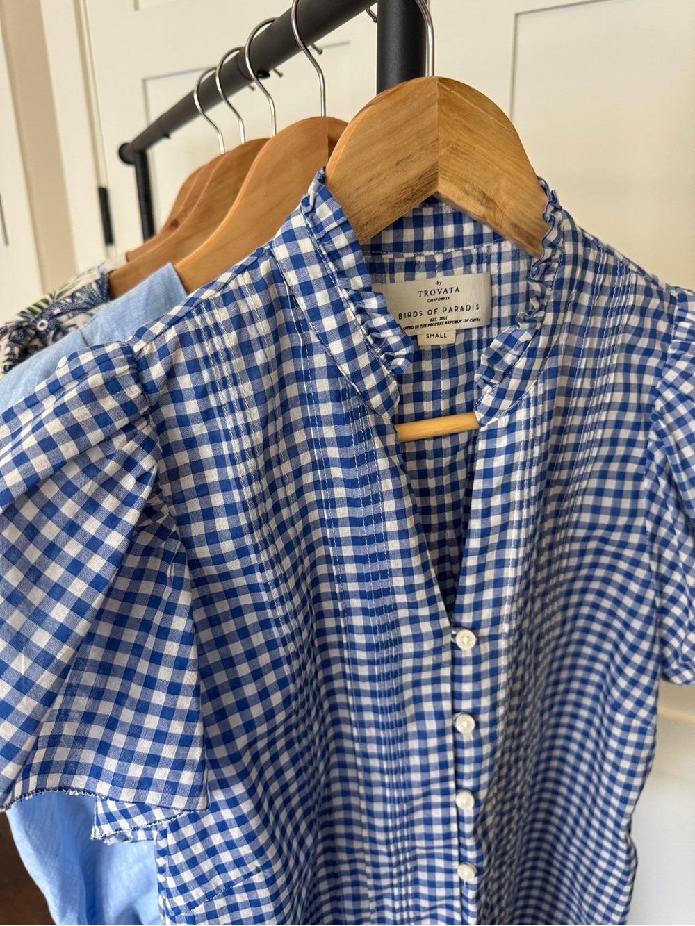Trovata Birds of Paradis Cate Blue White Gingham Ruffle Pintuck Top Small S